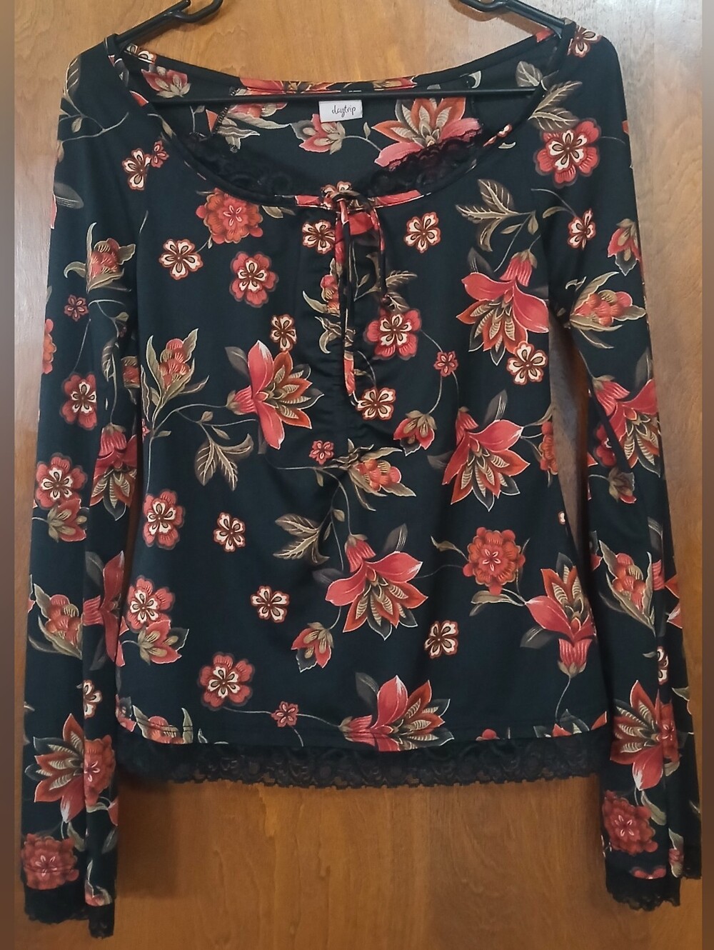 Daytrip Black Long Sleeve Top with Red Floral Print and Lace Hem